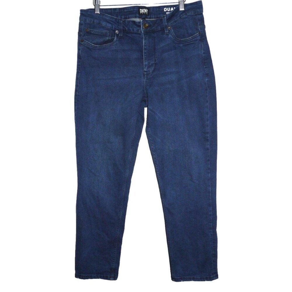 DKNY Duane Straight Fit blue jeans distressed hems Men's size 34 x 30